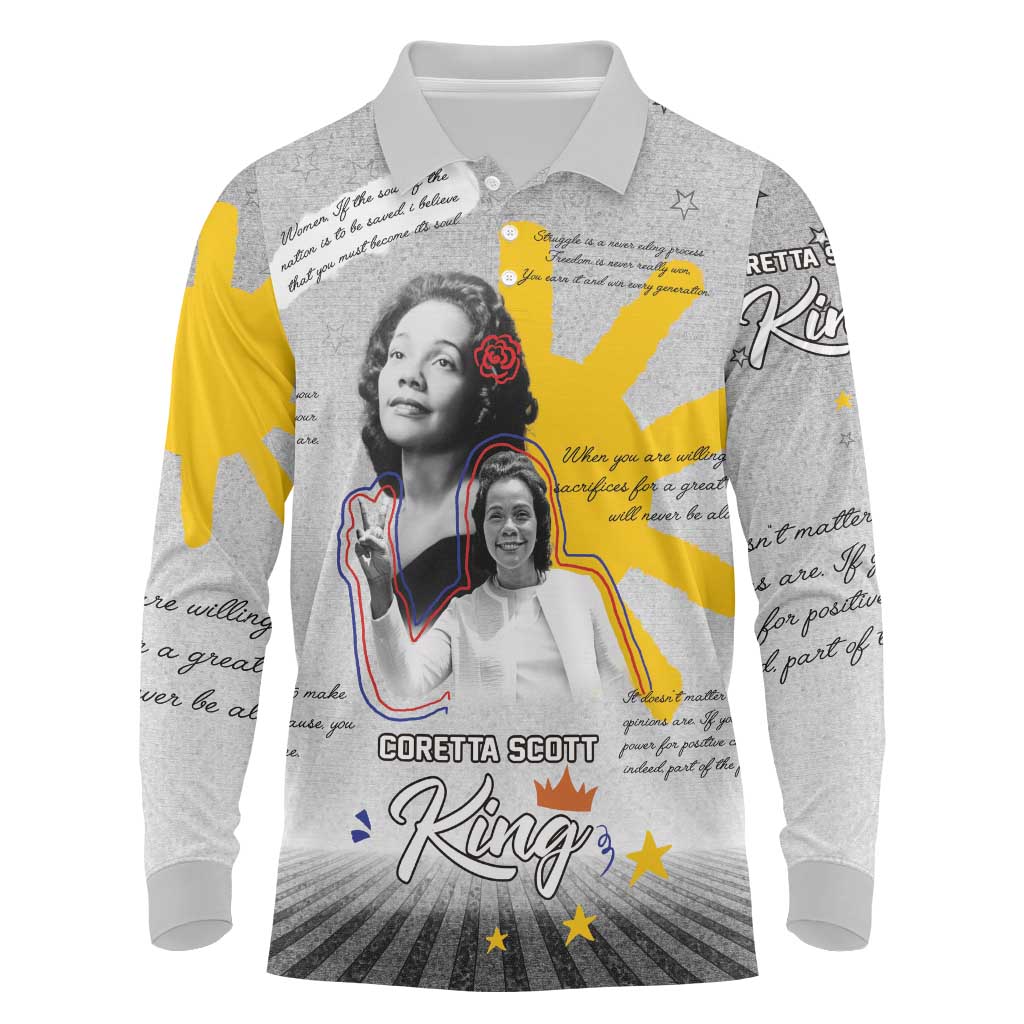Coretta Scott King Long Sleeve Polo Shirt Honoring The Legacy Hand Draw Style