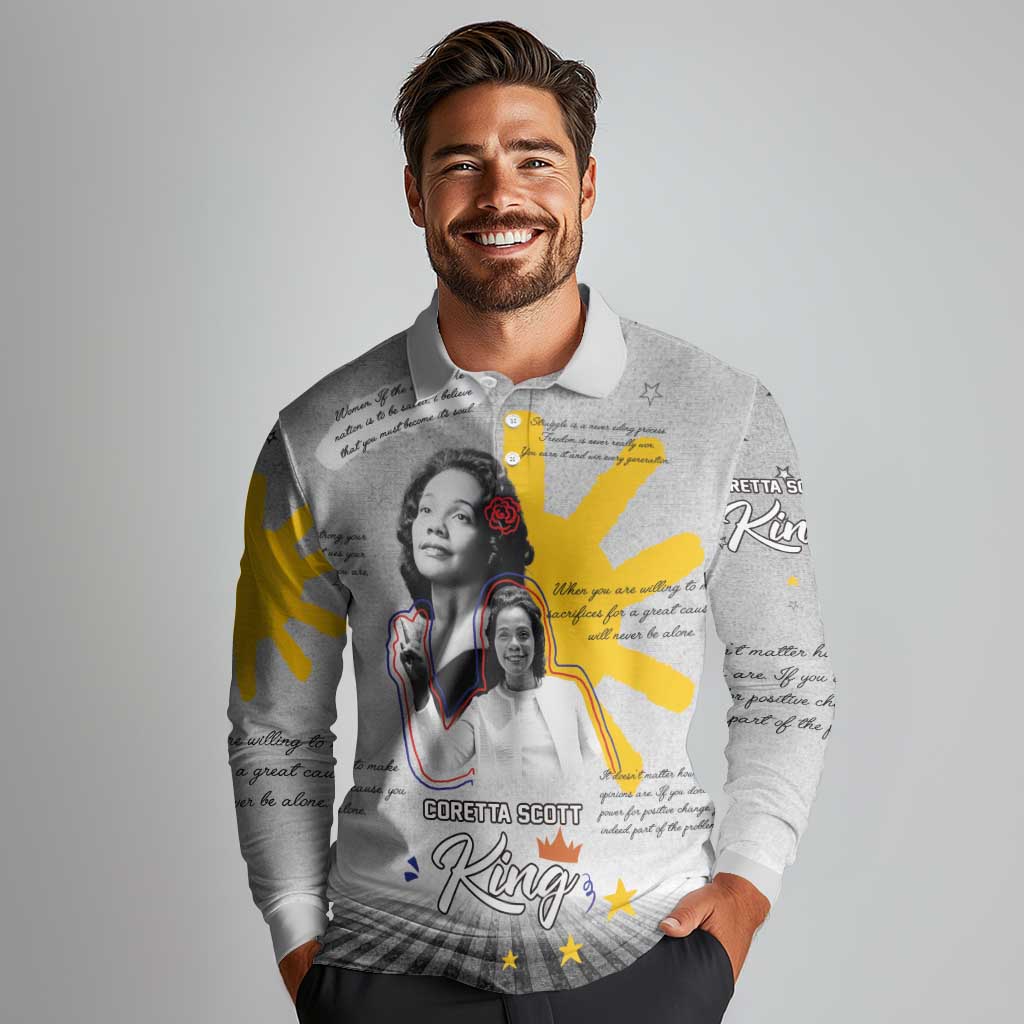 Coretta Scott King Long Sleeve Polo Shirt Honoring The Legacy Hand Draw Style