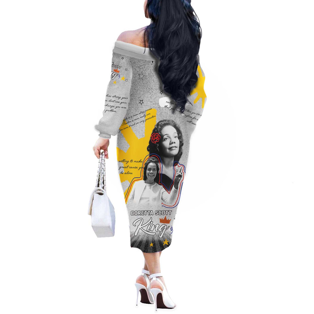 Coretta Scott King Off The Shoulder Long Sleeve Dress Honoring The Legacy Hand Draw Style