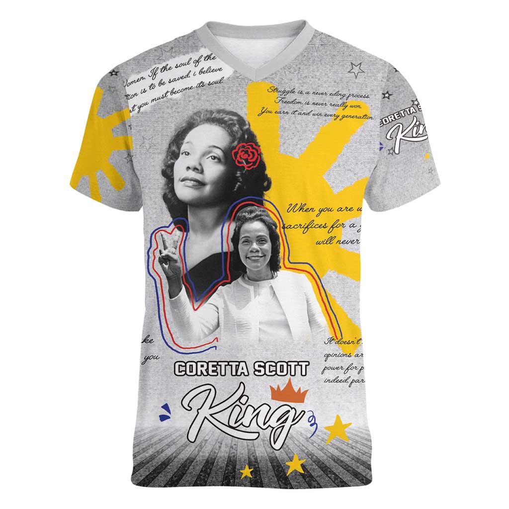 Coretta Scott King Women V-Neck T-Shirt Honoring The Legacy Hand Draw Style