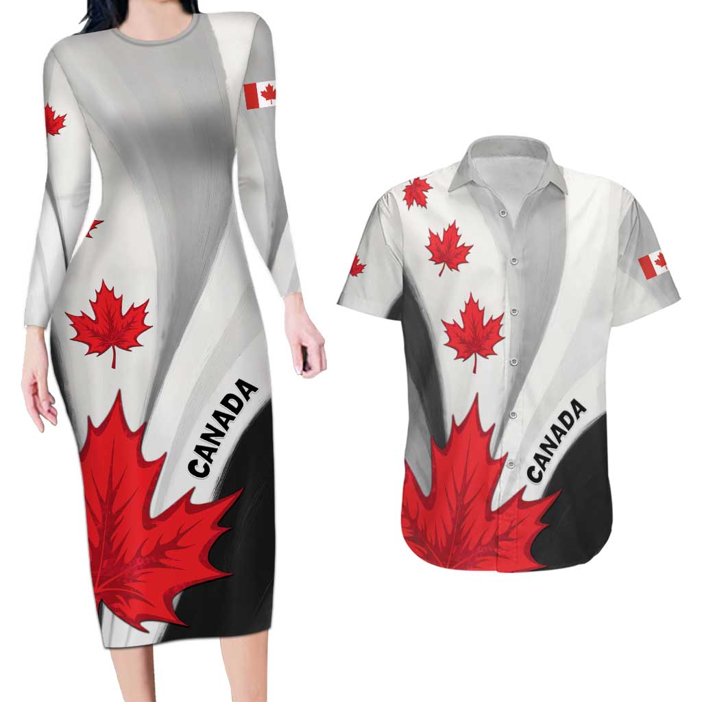 Canada Maple Leaf Couples Matching Long Sleeve Bodycon Dress and Hawaiian Shirt Unique Style