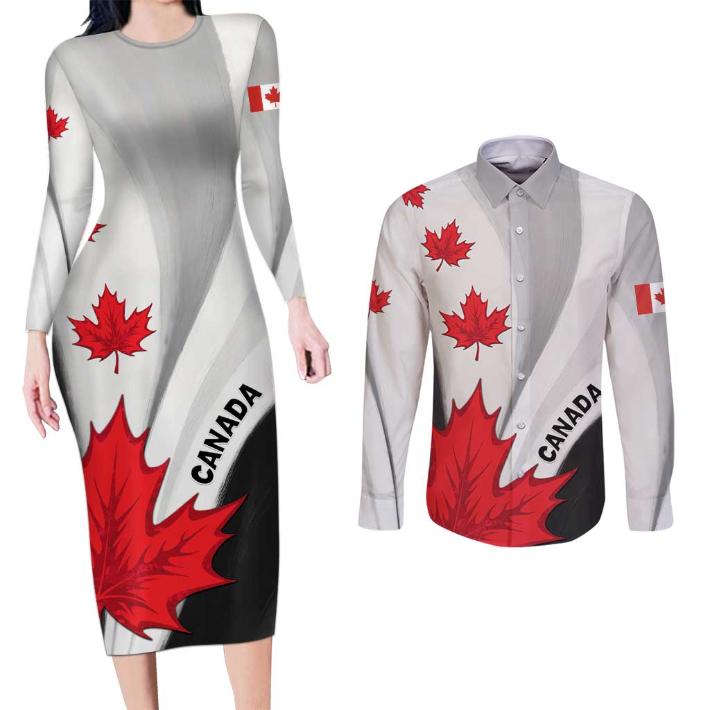 Canada Maple Leaf Couples Matching Long Sleeve Bodycon Dress and Long Sleeve Button Shirt Unique Style