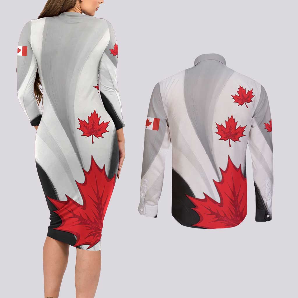 Canada Maple Leaf Couples Matching Long Sleeve Bodycon Dress and Long Sleeve Button Shirt Unique Style