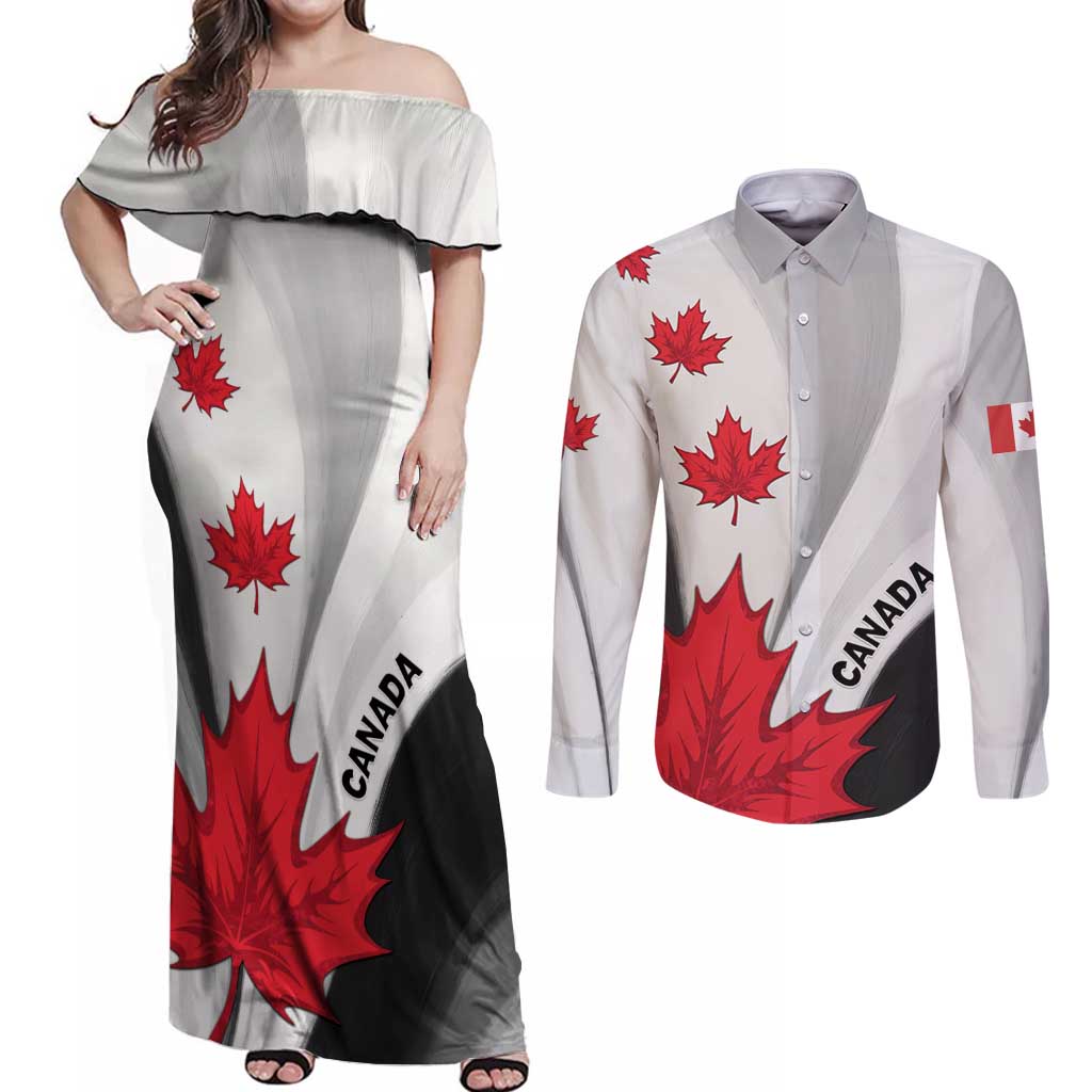 Canada Maple Leaf Couples Matching Off Shoulder Maxi Dress and Long Sleeve Button Shirt Unique Style
