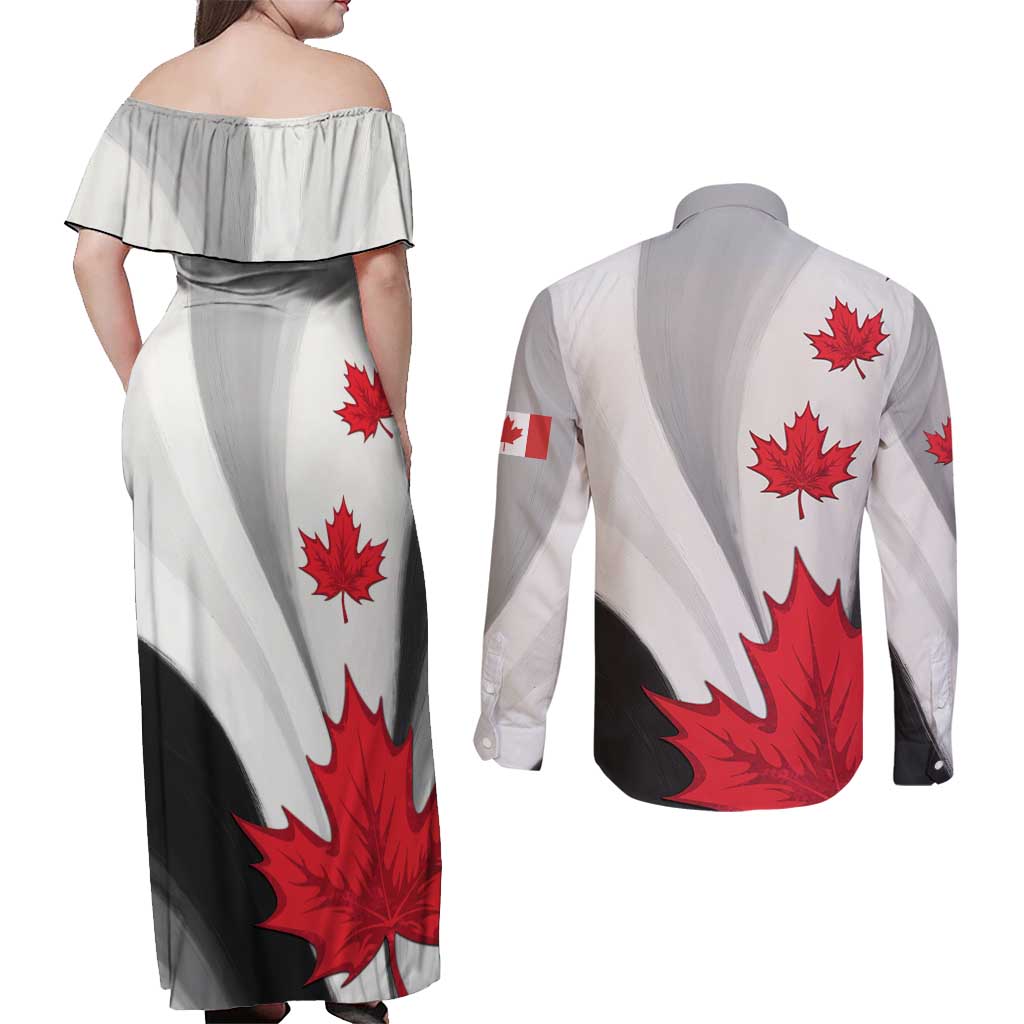 Canada Maple Leaf Couples Matching Off Shoulder Maxi Dress and Long Sleeve Button Shirt Unique Style