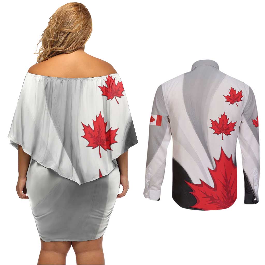 Canada Maple Leaf Couples Matching Off Shoulder Short Dress and Long Sleeve Button Shirt Unique Style