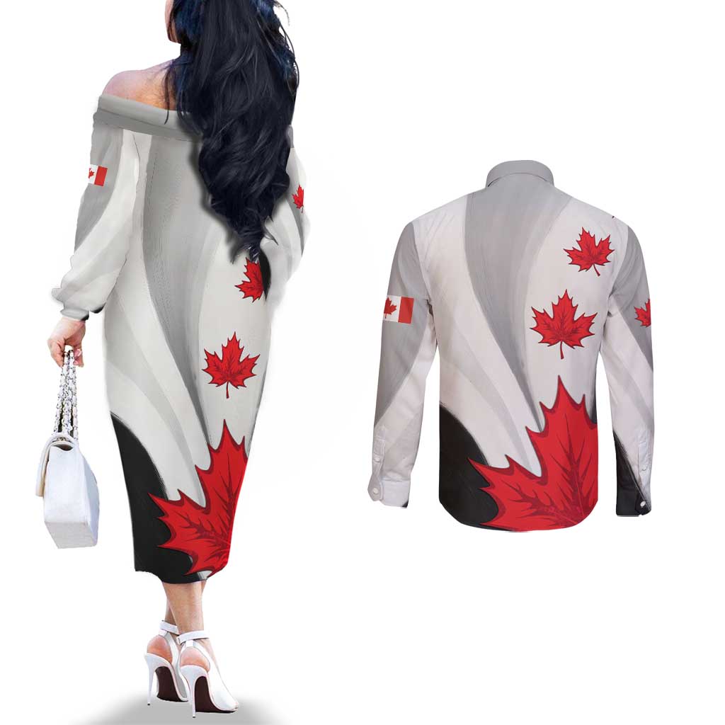 Canada Maple Leaf Couples Matching Off The Shoulder Long Sleeve Dress and Long Sleeve Button Shirt Unique Style