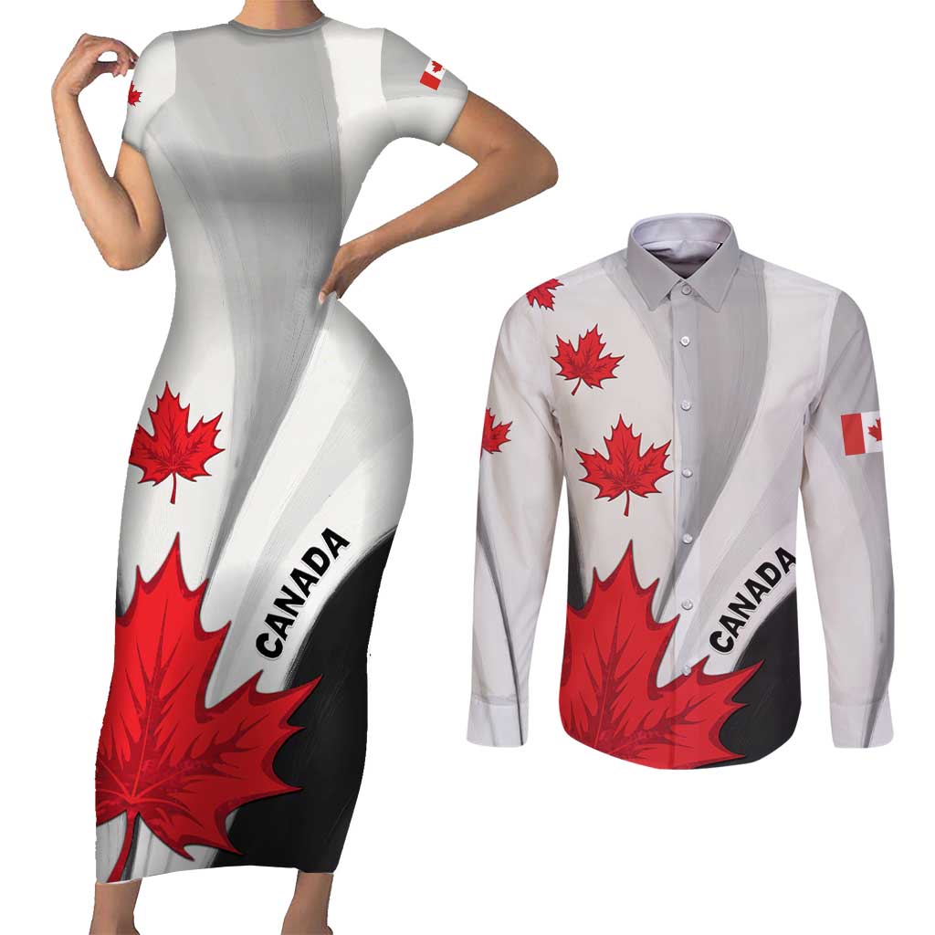 Canada Maple Leaf Couples Matching Short Sleeve Bodycon Dress and Long Sleeve Button Shirt Unique Style