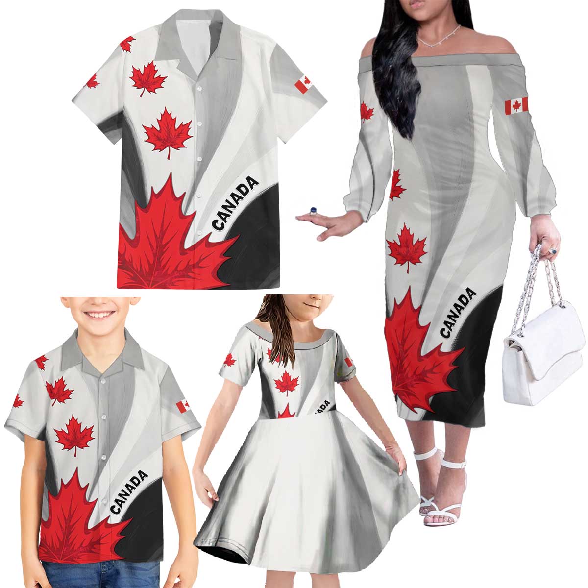 Canada Maple Leaf Family Matching Off The Shoulder Long Sleeve Dress and Hawaiian Shirt Unique Style