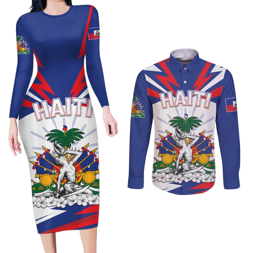 Personalized Haiti Heritage Month Couples Matching Long Sleeve Bodycon Dress and Long Sleeve Button Shirt Negre Marron With Hibiscus