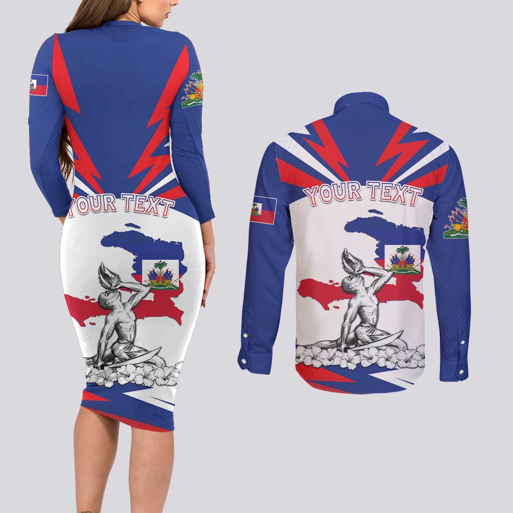 Personalized Haiti Heritage Month Couples Matching Long Sleeve Bodycon Dress and Long Sleeve Button Shirt Negre Marron With Hibiscus