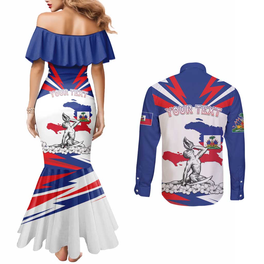 Personalized Haiti Heritage Month Couples Matching Mermaid Dress and Long Sleeve Button Shirt Negre Marron With Hibiscus