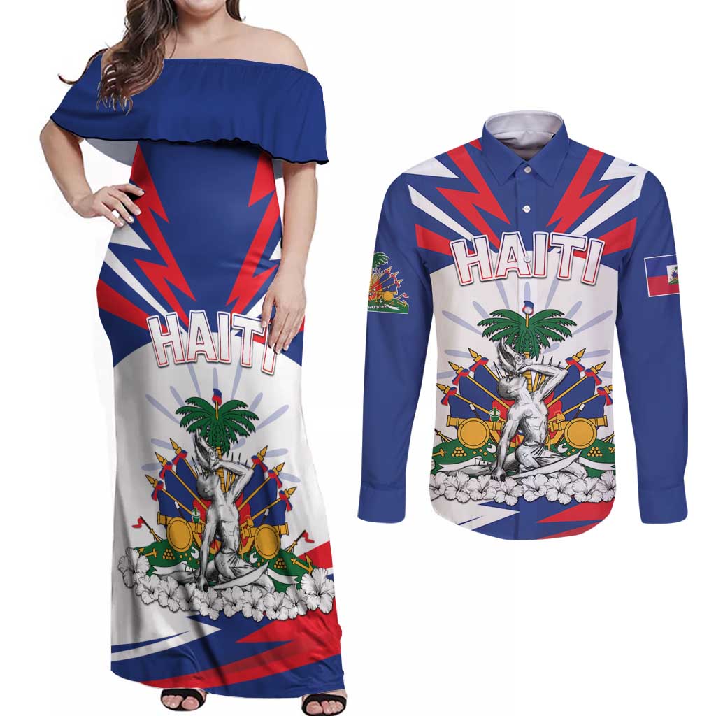 Personalized Haiti Heritage Month Couples Matching Off Shoulder Maxi Dress and Long Sleeve Button Shirt Negre Marron With Hibiscus