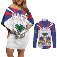 Personalized Haiti Heritage Month Couples Matching Off Shoulder Short Dress and Long Sleeve Button Shirt Negre Marron With Hibiscus