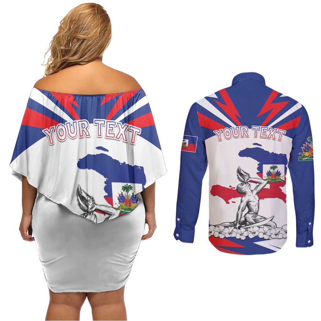 Personalized Haiti Heritage Month Couples Matching Off Shoulder Short Dress and Long Sleeve Button Shirt Negre Marron With Hibiscus