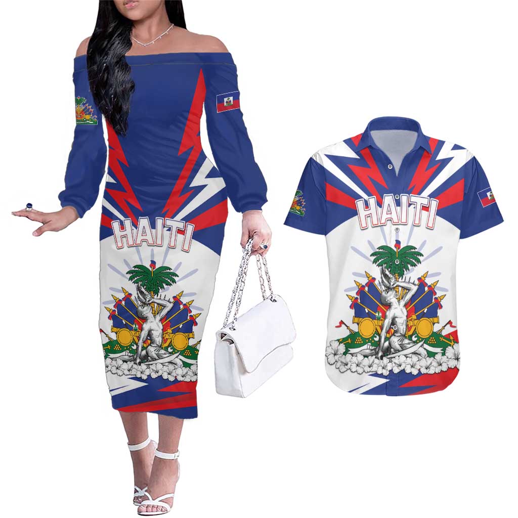 Personalized Haiti Heritage Month Couples Matching Off The Shoulder Long Sleeve Dress and Hawaiian Shirt Negre Marron With Hibiscus