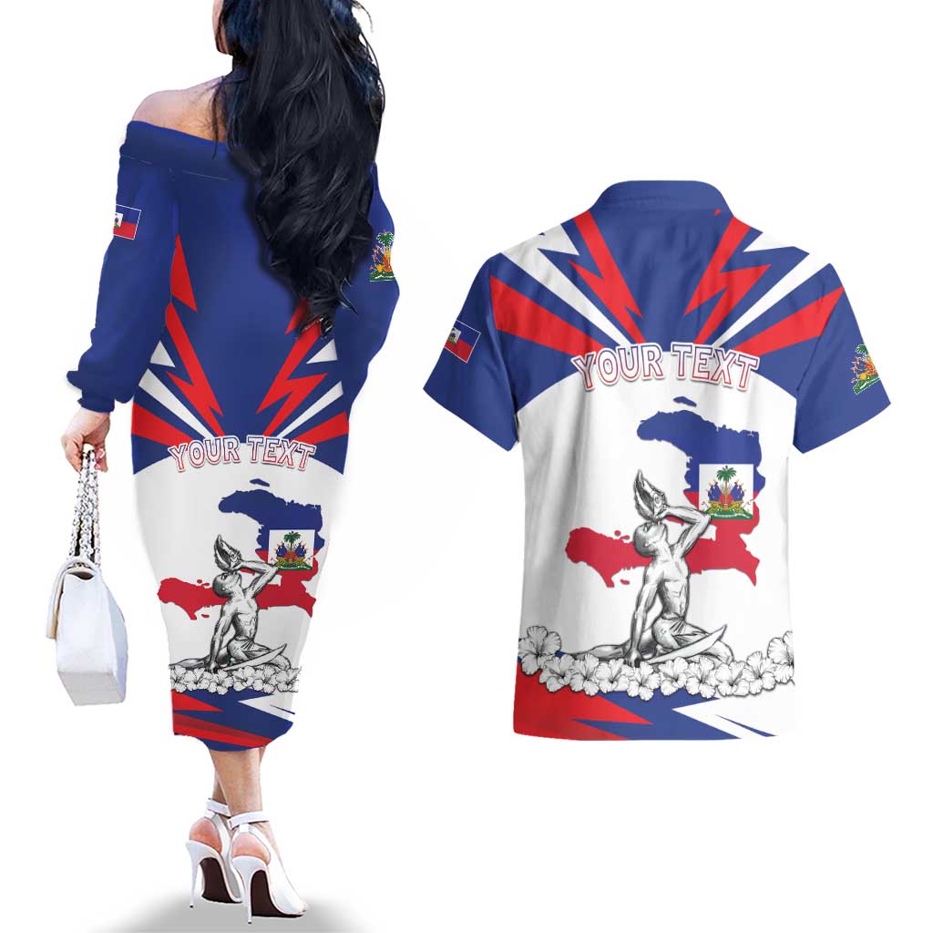 Personalized Haiti Heritage Month Couples Matching Off The Shoulder Long Sleeve Dress and Hawaiian Shirt Negre Marron With Hibiscus