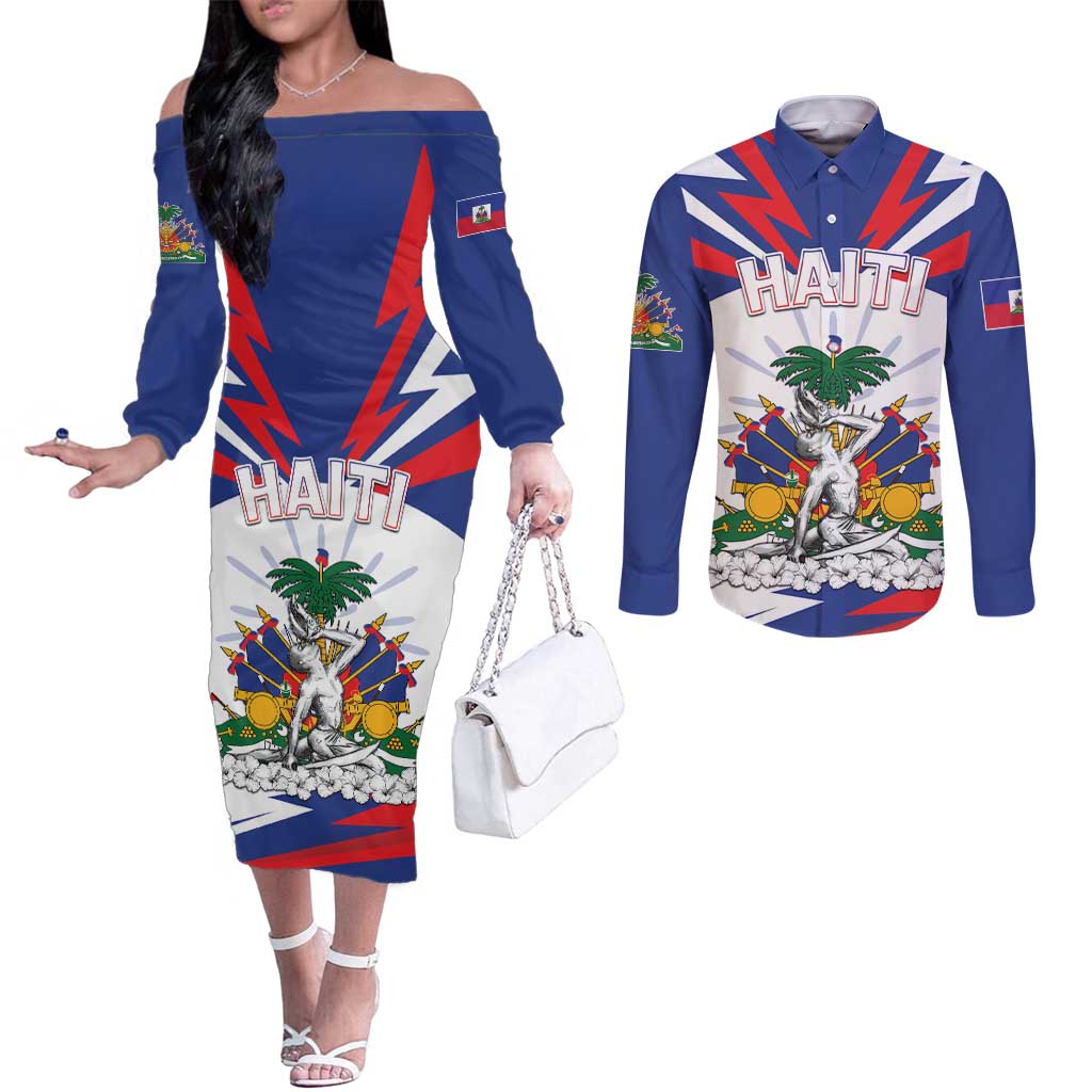 Personalized Haiti Heritage Month Couples Matching Off The Shoulder Long Sleeve Dress and Long Sleeve Button Shirt Negre Marron With Hibiscus