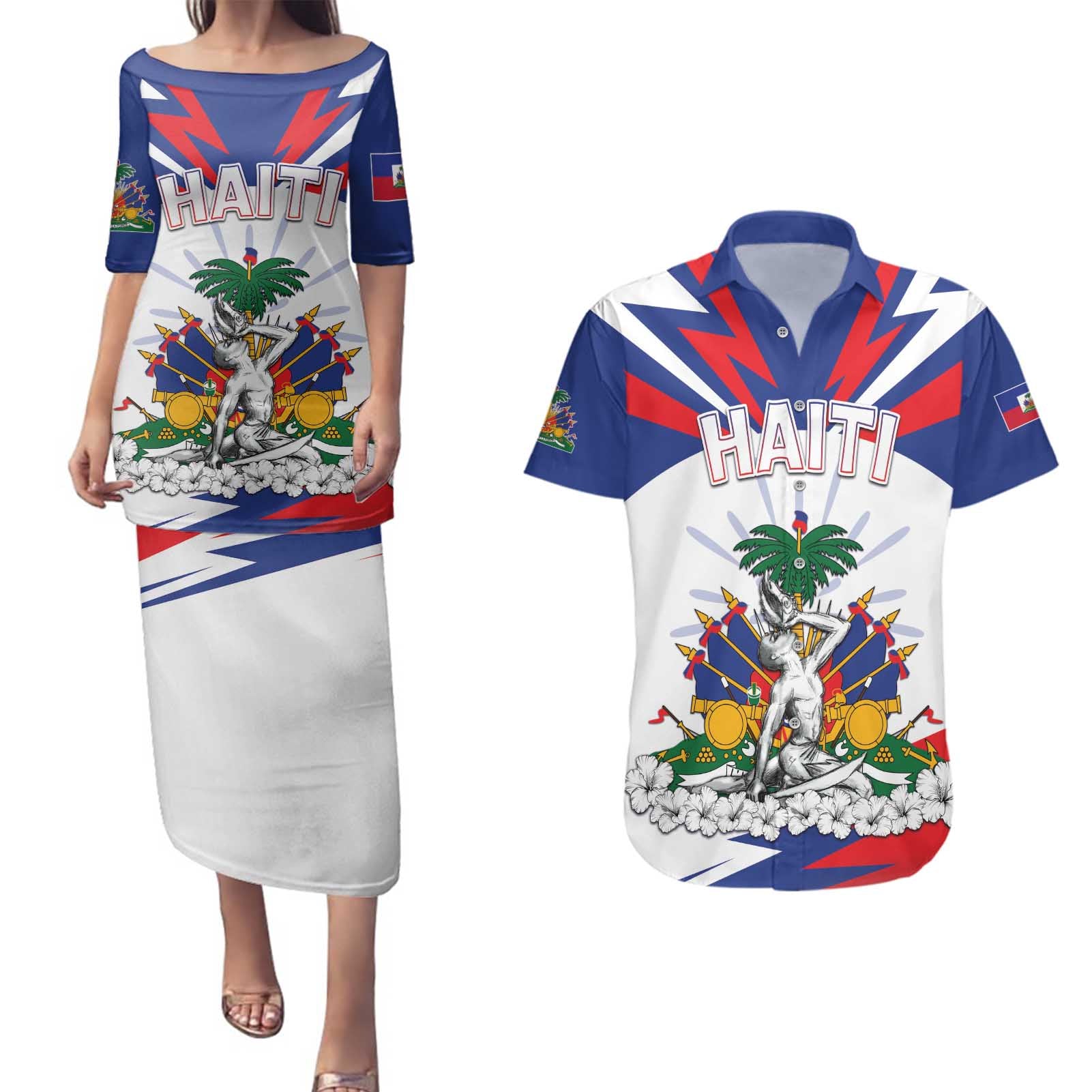 Personalized Haiti Heritage Month Couples Matching Puletasi and Hawaiian Shirt Negre Marron With Hibiscus