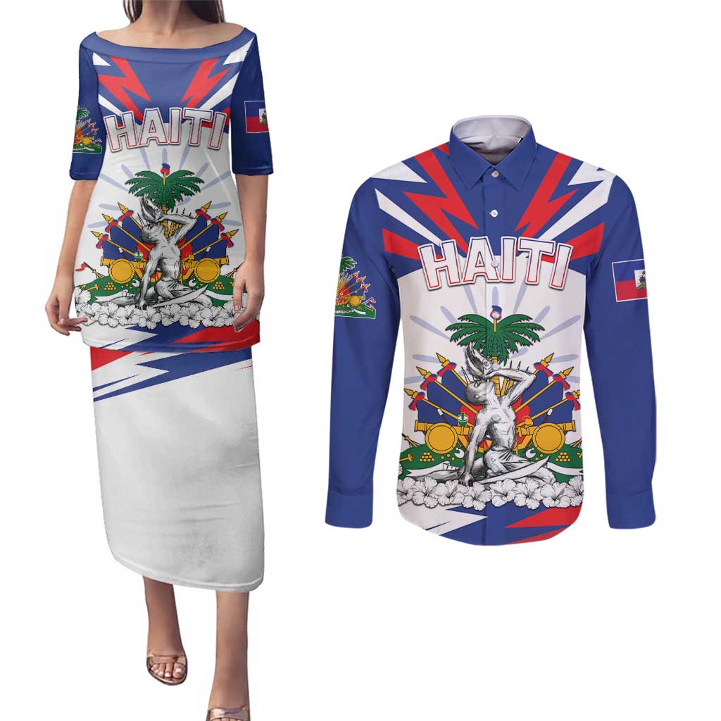 Personalized Haiti Heritage Month Couples Matching Puletasi and Long Sleeve Button Shirt Negre Marron With Hibiscus