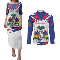 Personalized Haiti Heritage Month Couples Matching Puletasi and Long Sleeve Button Shirt Negre Marron With Hibiscus