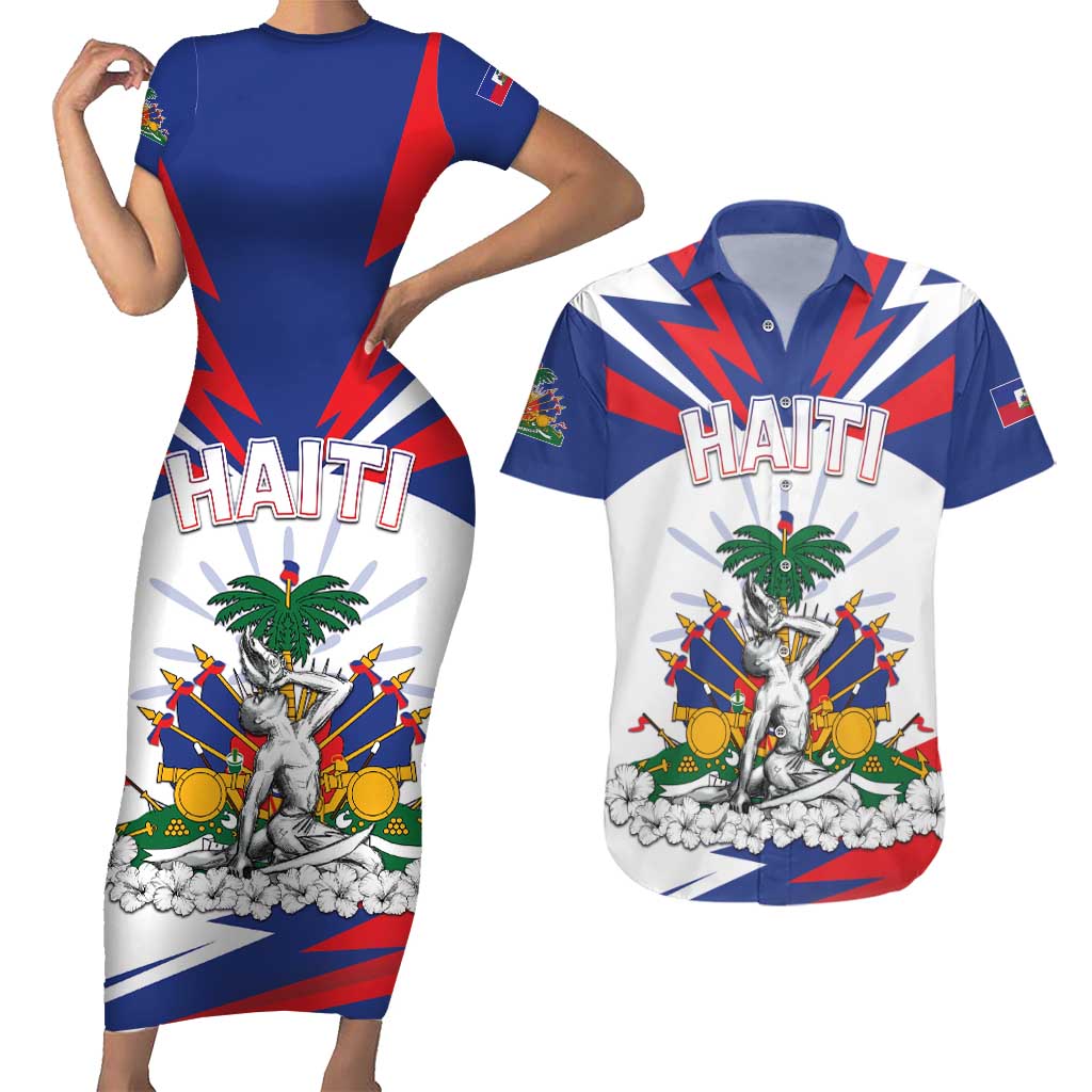 Personalized Haiti Heritage Month Couples Matching Short Sleeve Bodycon Dress and Hawaiian Shirt Negre Marron With Hibiscus