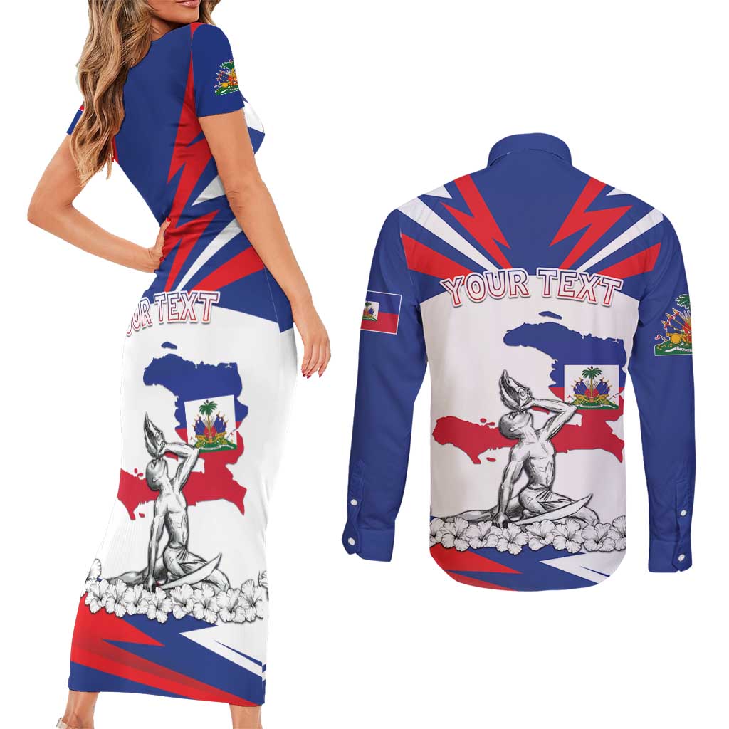Personalized Haiti Heritage Month Couples Matching Short Sleeve Bodycon Dress and Long Sleeve Button Shirt Negre Marron With Hibiscus