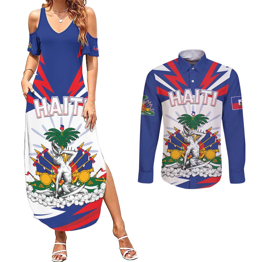 Personalized Haiti Heritage Month Couples Matching Summer Maxi Dress and Long Sleeve Button Shirt Negre Marron With Hibiscus