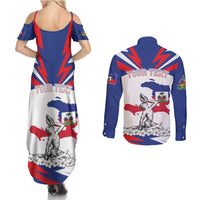 Personalized Haiti Heritage Month Couples Matching Summer Maxi Dress and Long Sleeve Button Shirt Negre Marron With Hibiscus