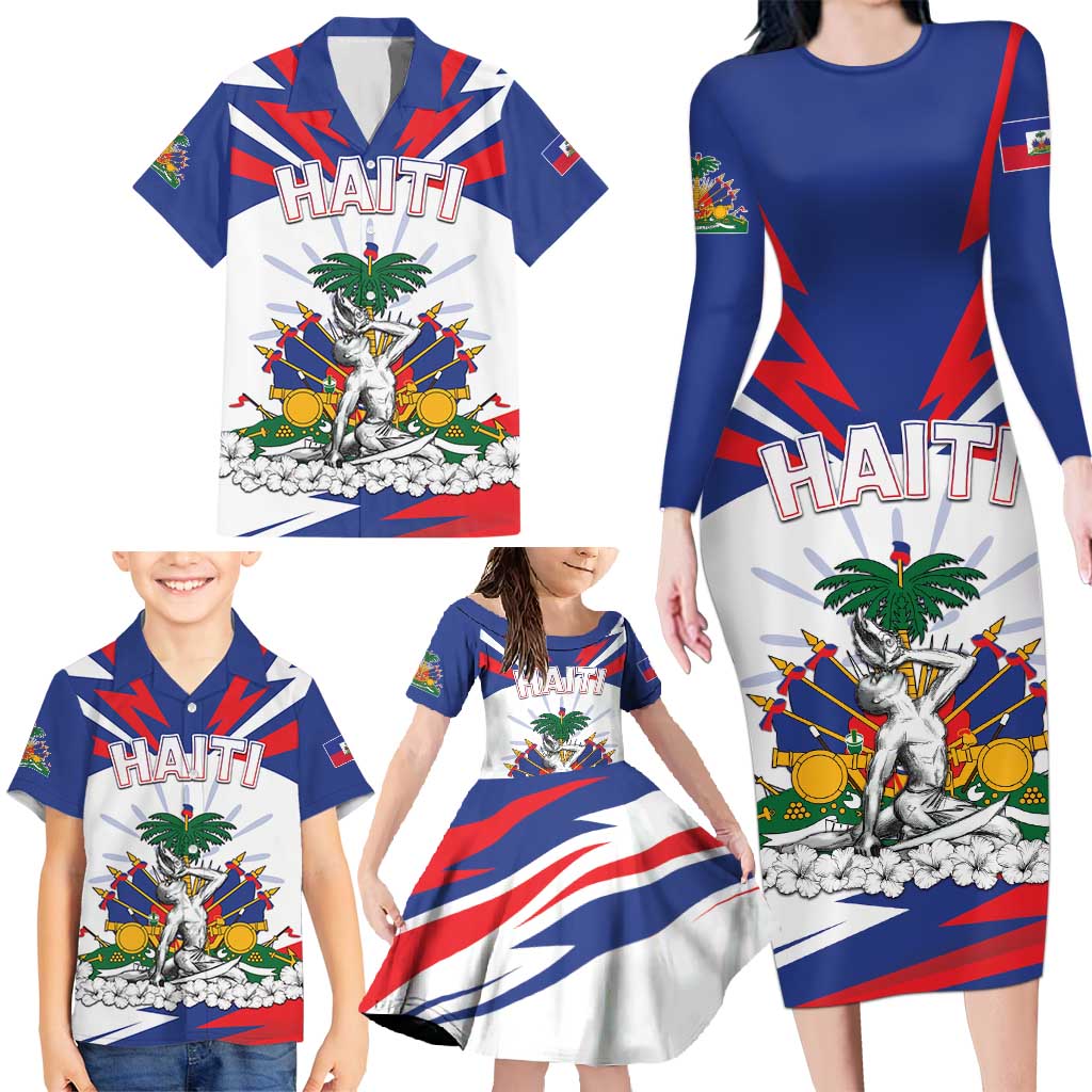 Personalized Haiti Heritage Month Family Matching Long Sleeve Bodycon Dress and Hawaiian Shirt Negre Marron With Hibiscus
