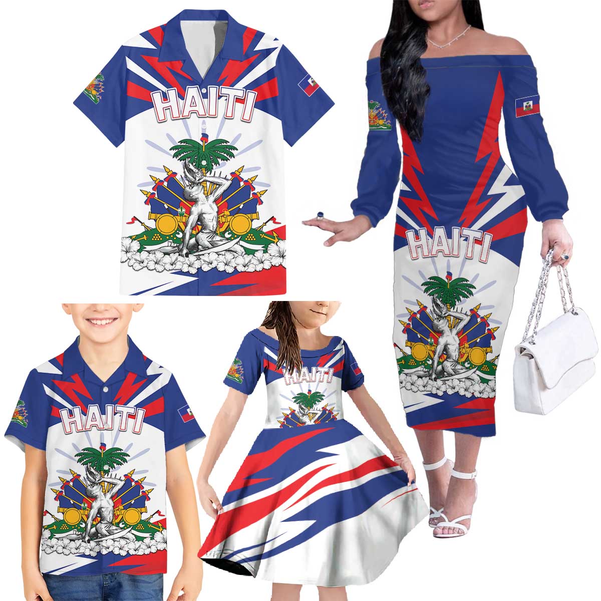Personalized Haiti Heritage Month Family Matching Off The Shoulder Long Sleeve Dress and Hawaiian Shirt Negre Marron With Hibiscus