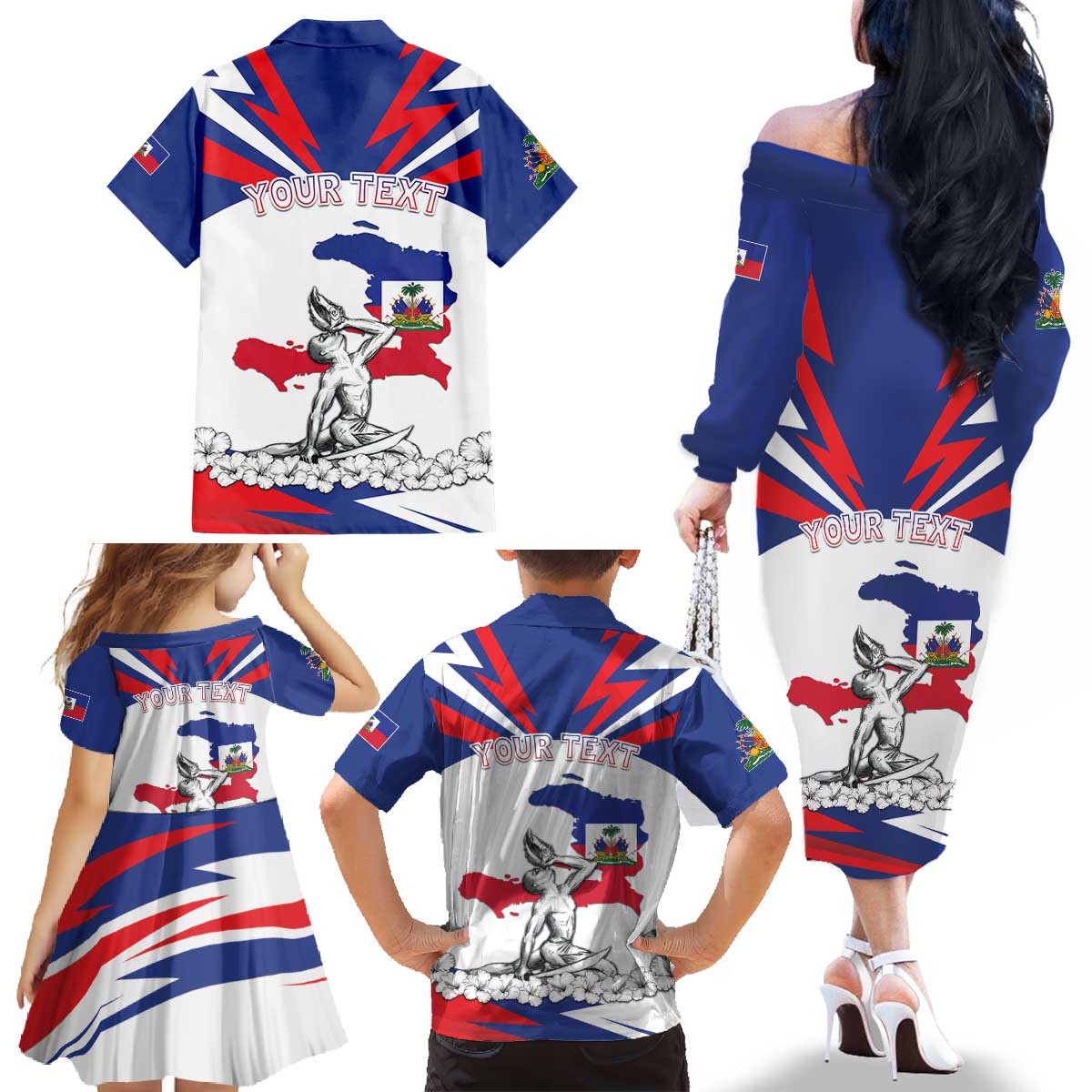 Personalized Haiti Heritage Month Family Matching Off The Shoulder Long Sleeve Dress and Hawaiian Shirt Negre Marron With Hibiscus