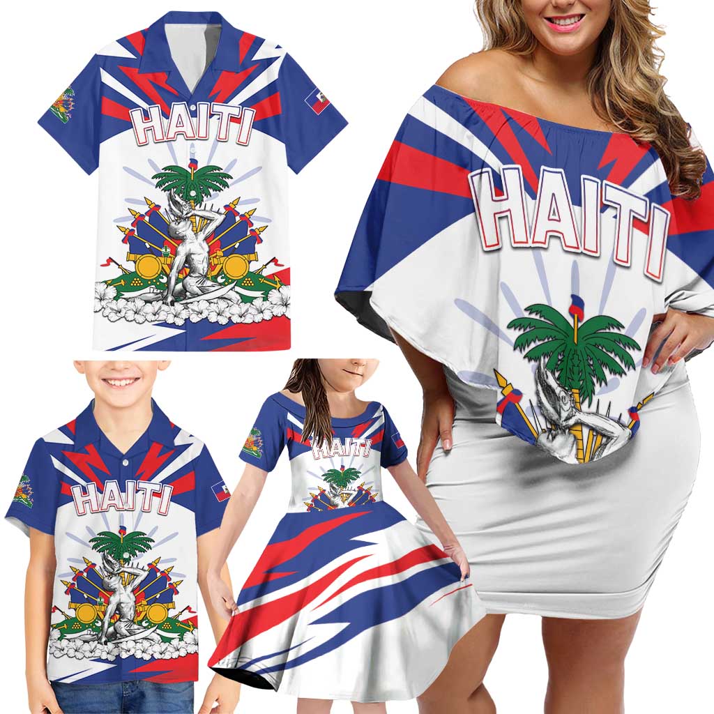 Personalized Haiti Heritage Month Family Matching Off Shoulder Short Dress and Hawaiian Shirt Negre Marron With Hibiscus