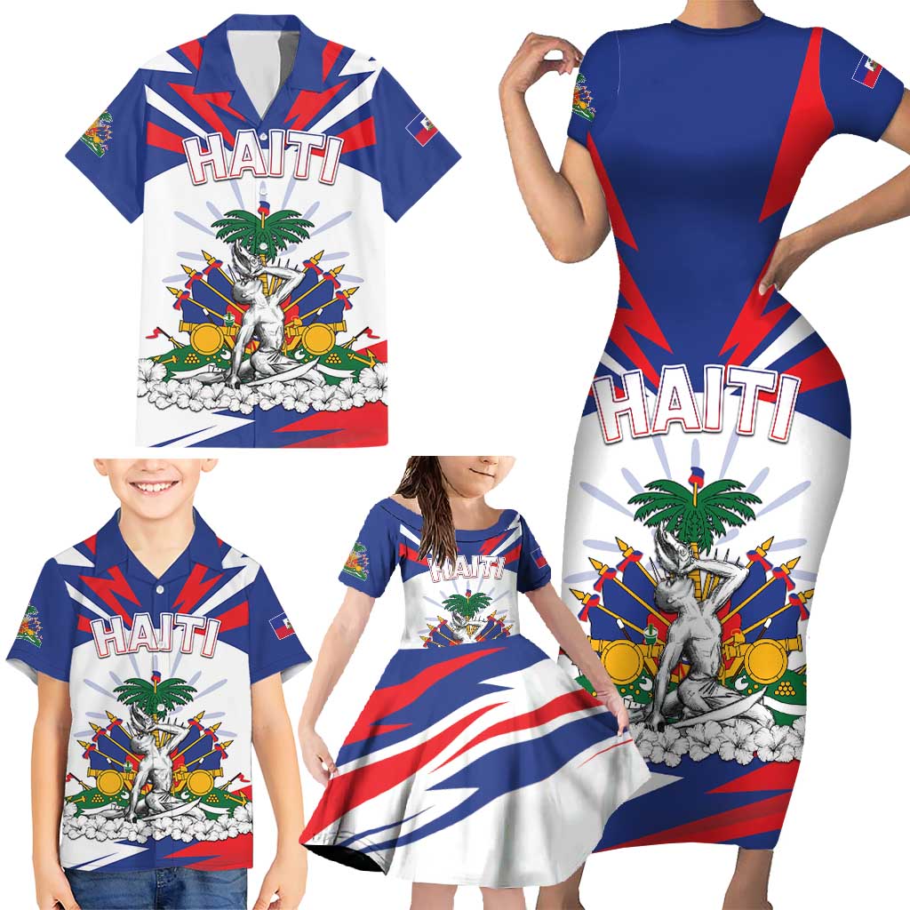 Personalized Haiti Heritage Month Family Matching Short Sleeve Bodycon Dress and Hawaiian Shirt Negre Marron With Hibiscus