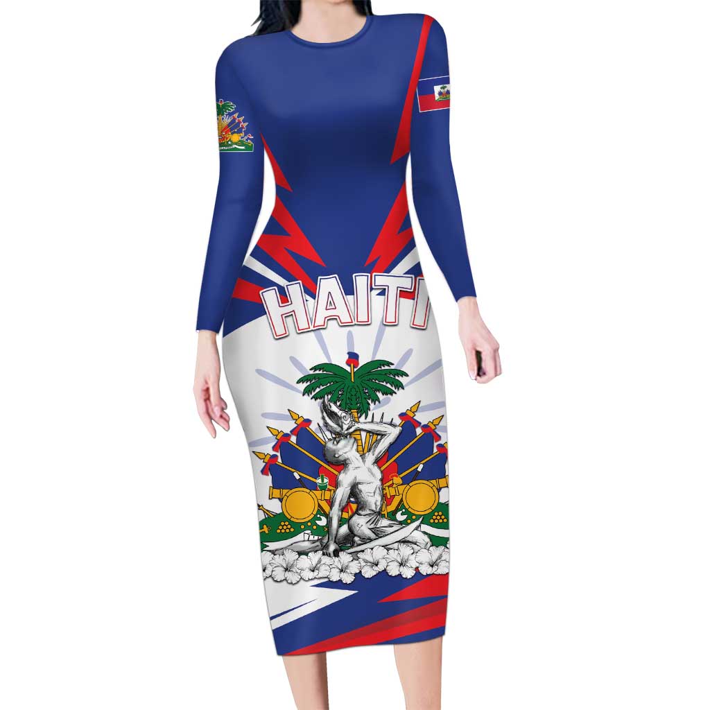 Personalized Haiti Heritage Month Long Sleeve Bodycon Dress Negre Marron With Hibiscus