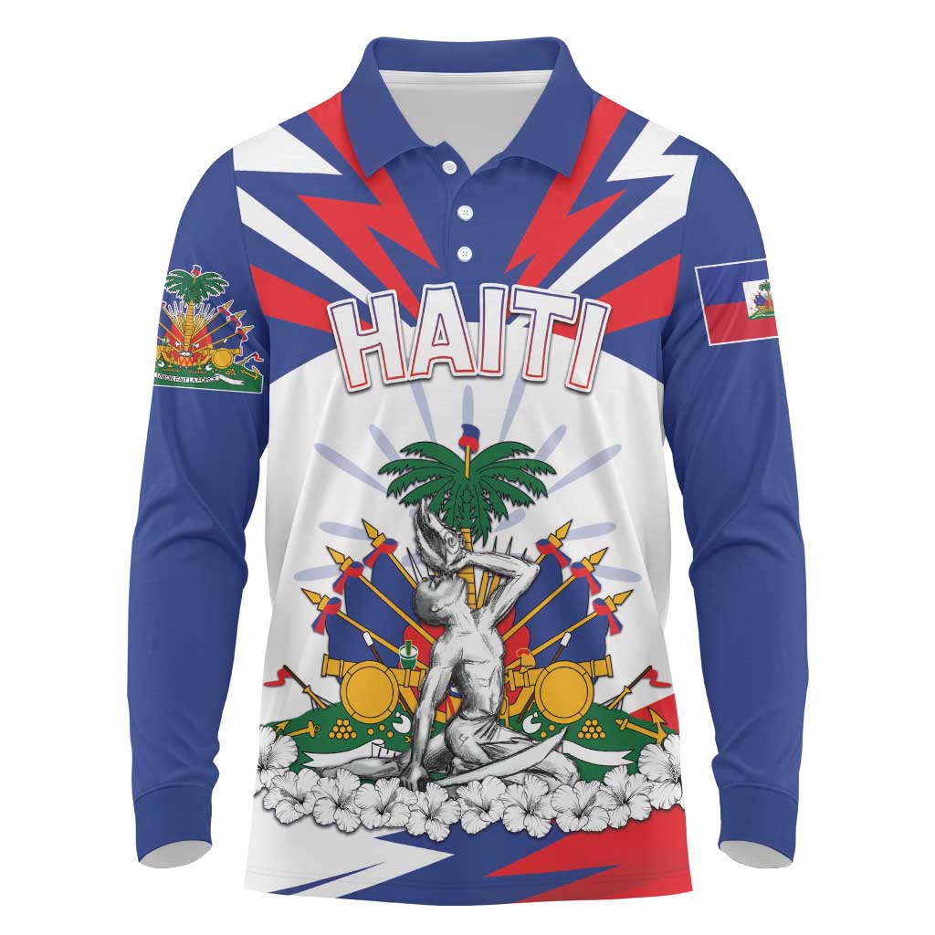 Personalized Haiti Heritage Month Long Sleeve Polo Shirt Negre Marron With Hibiscus