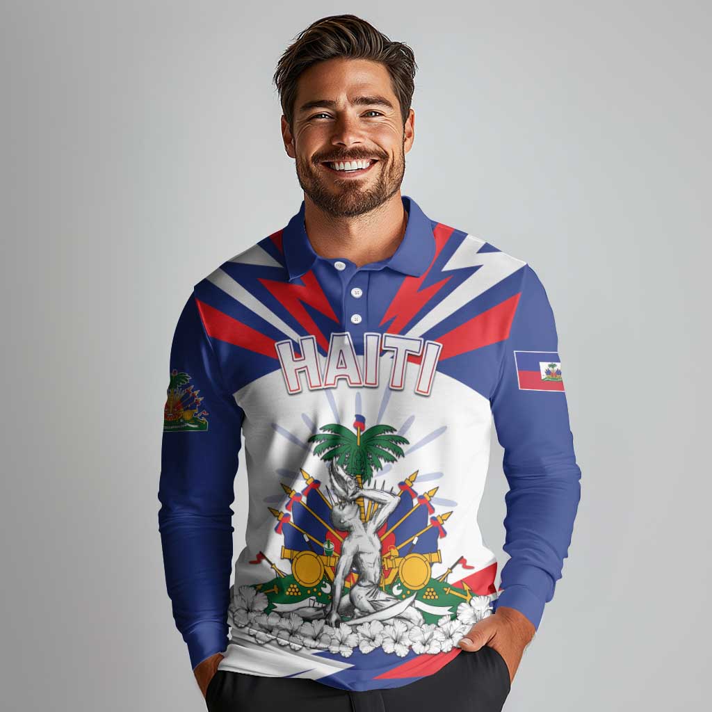 Personalized Haiti Heritage Month Long Sleeve Polo Shirt Negre Marron With Hibiscus