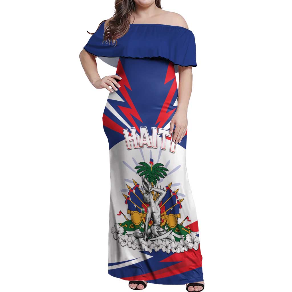 Personalized Haiti Heritage Month Off Shoulder Maxi Dress Negre Marron With Hibiscus