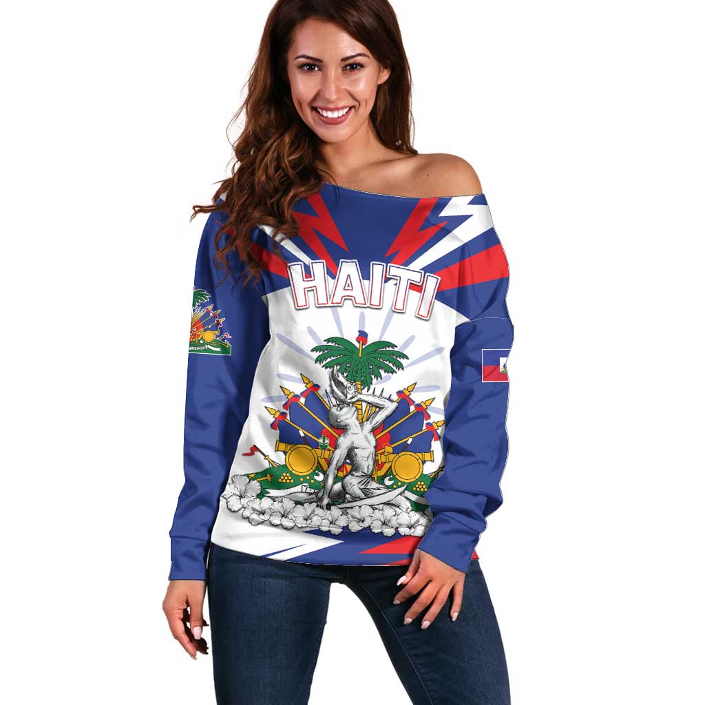 Personalized Haiti Heritage Month Off Shoulder Sweater Negre Marron With Hibiscus