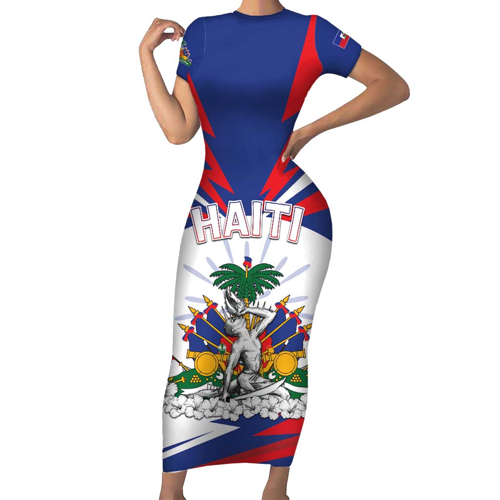 Personalized Haiti Heritage Month Short Sleeve Bodycon Dress Negre Marron With Hibiscus