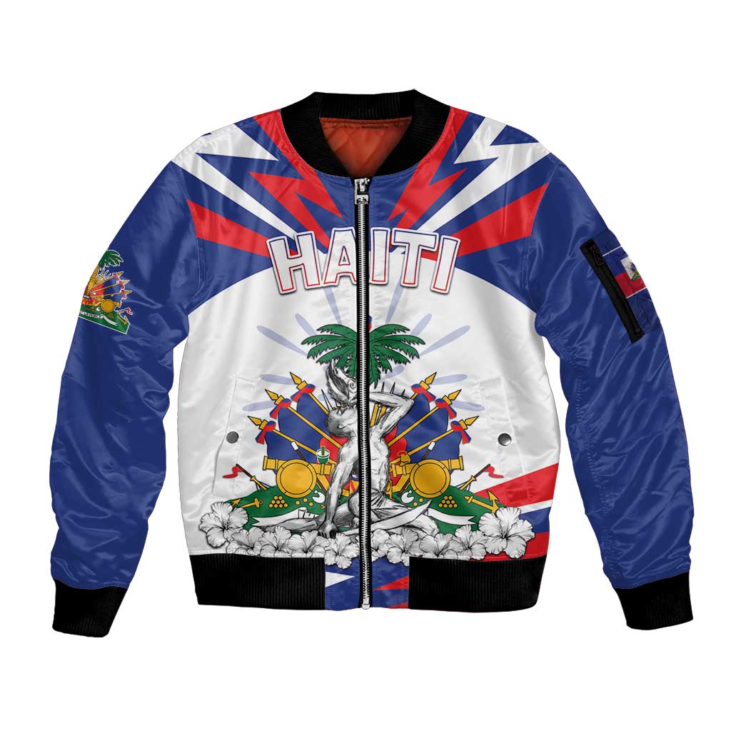 Personalized Haiti Heritage Month Sleeve Zip Bomber Jacket Negre Marron With Hibiscus