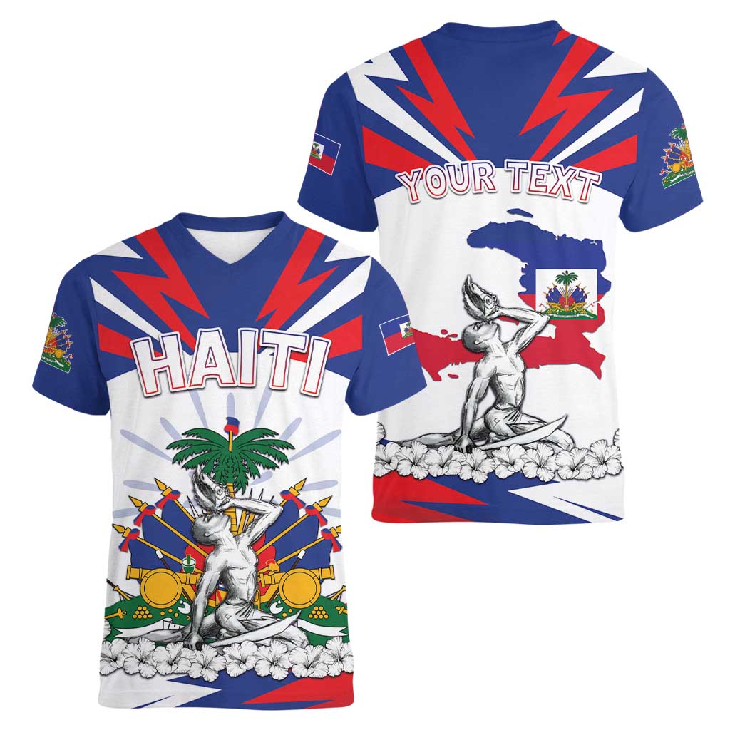 Personalized Haiti Heritage Month Women V-Neck T-Shirt Negre Marron With Hibiscus