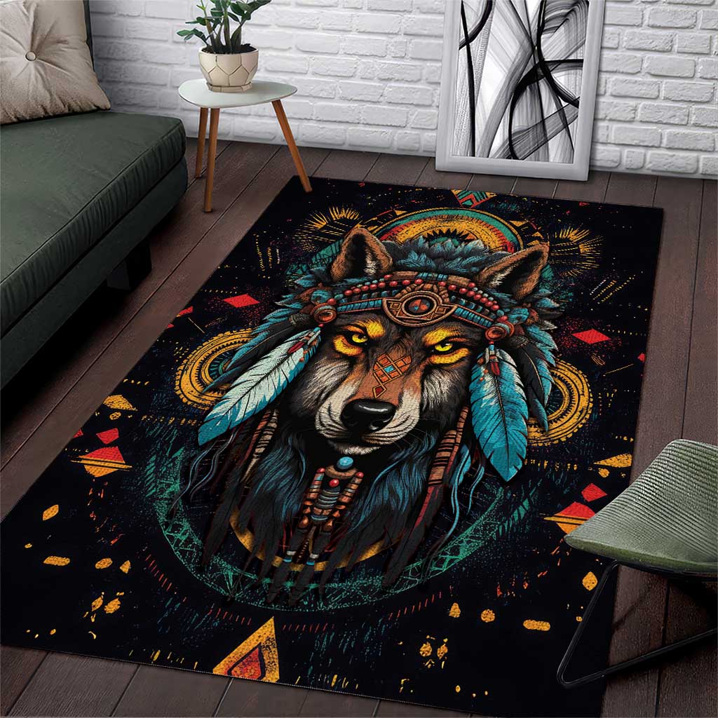 Native American Wolf Area Rug Abstract Geometric Style