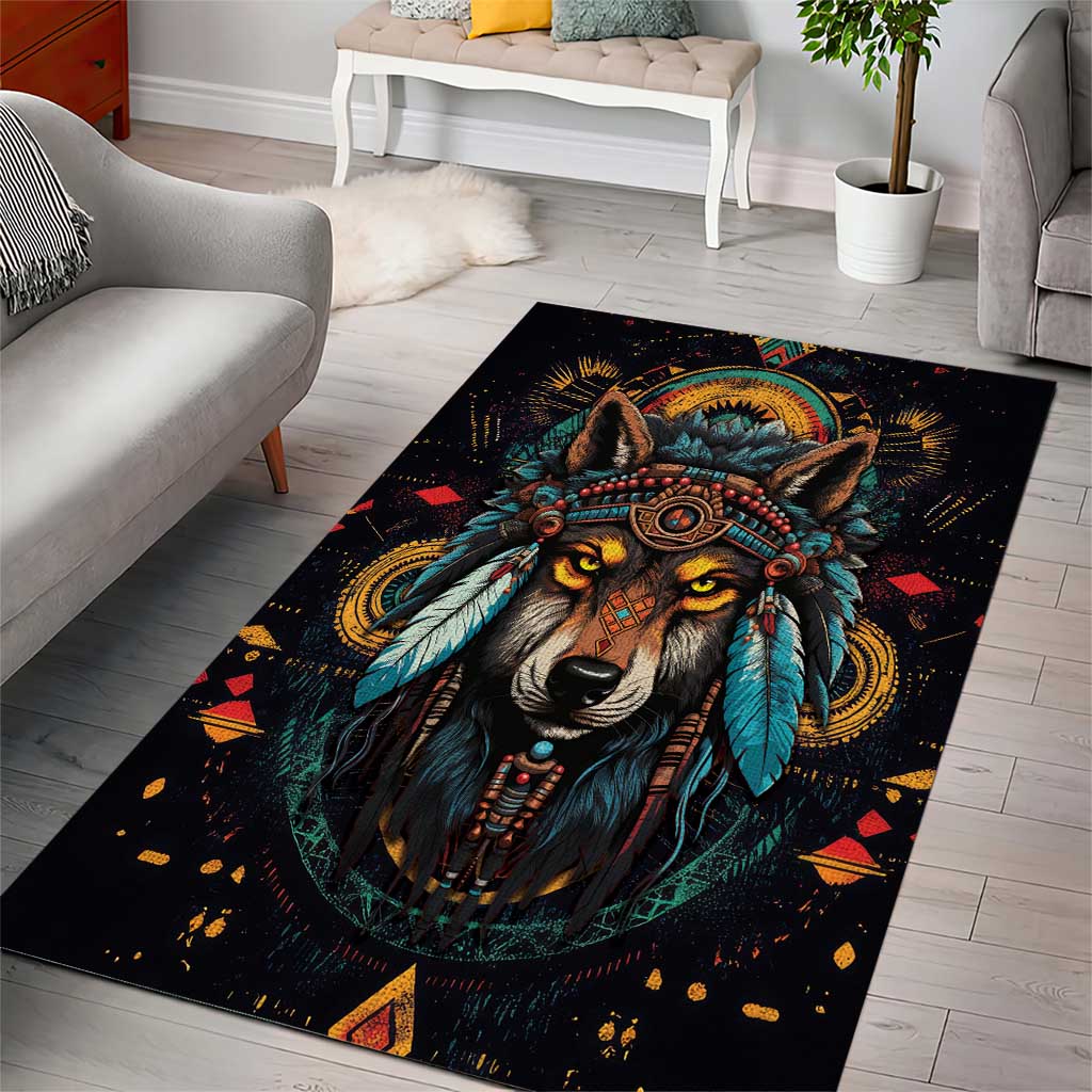 Native American Wolf Area Rug Abstract Geometric Style