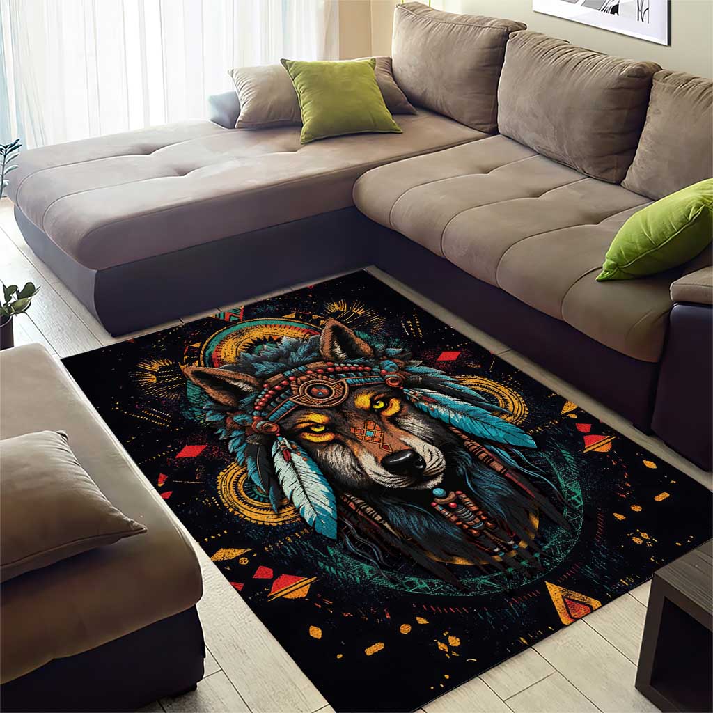 Native American Wolf Area Rug Abstract Geometric Style