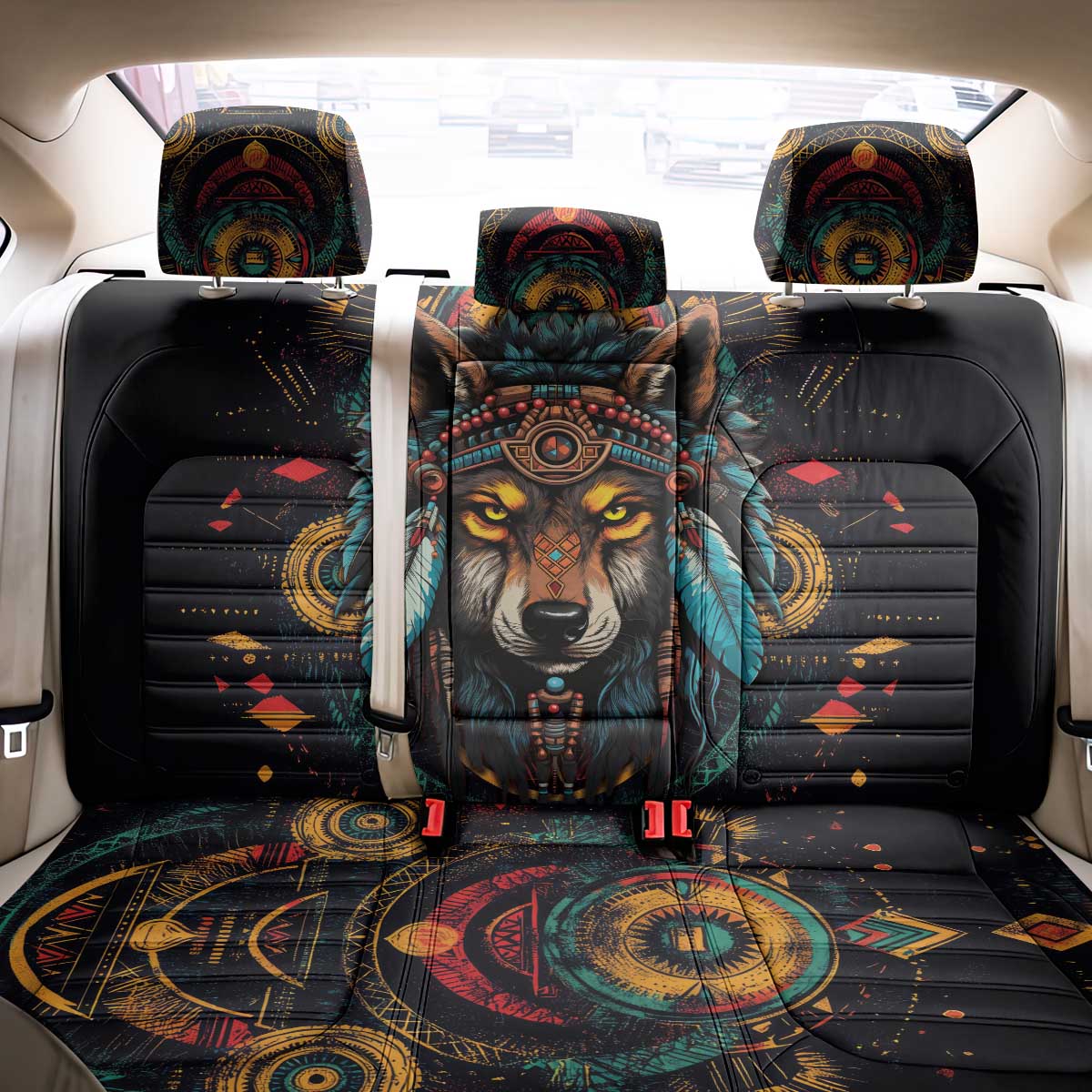 Native American Wolf Back Car Seat Cover Abstract Geometric Style