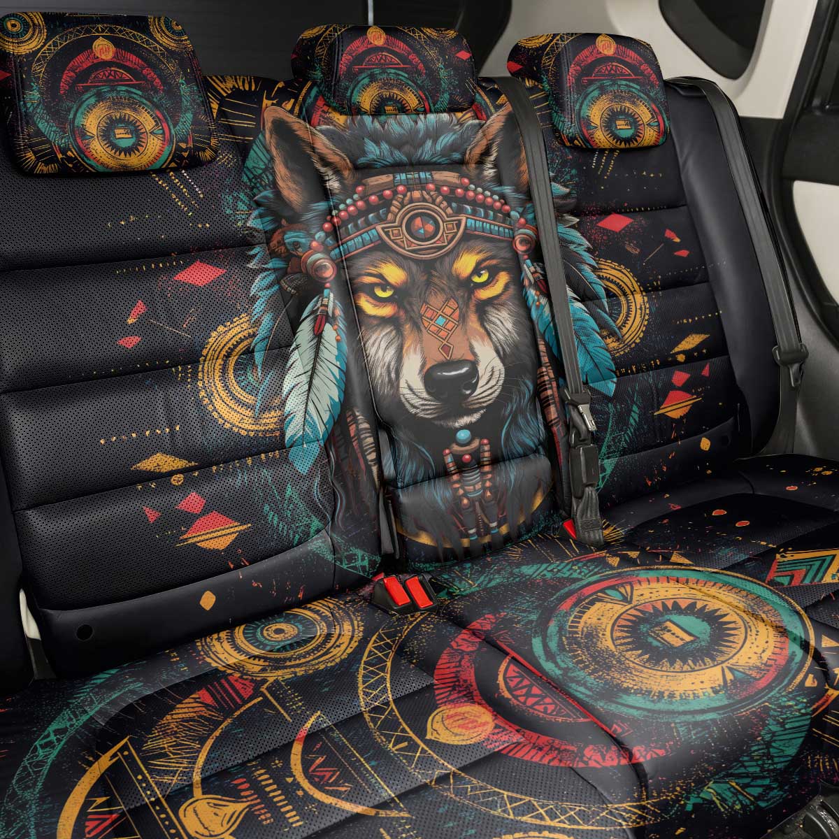 Native American Wolf Back Car Seat Cover Abstract Geometric Style
