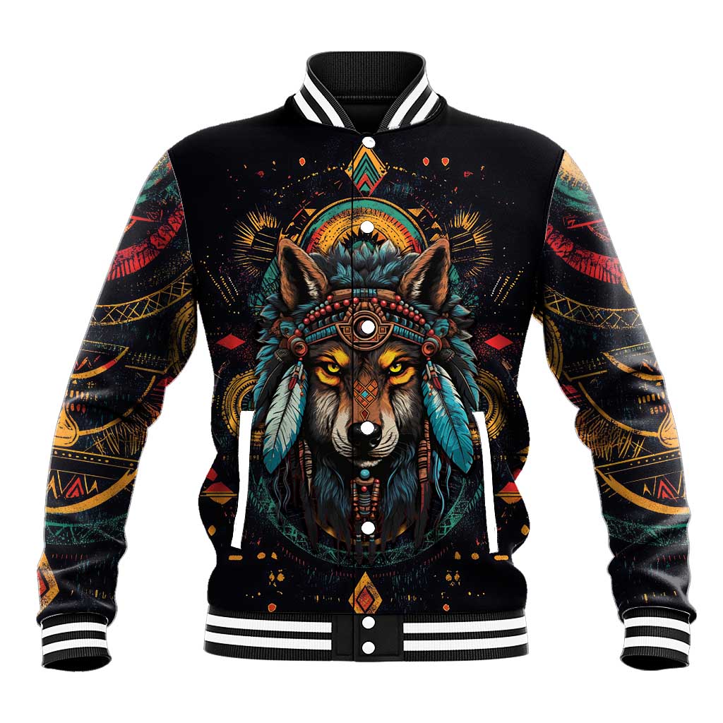 Native American Wolf Baseball Jacket Abstract Geometric Style