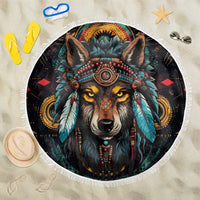 Native American Wolf Beach Blanket Abstract Geometric Style