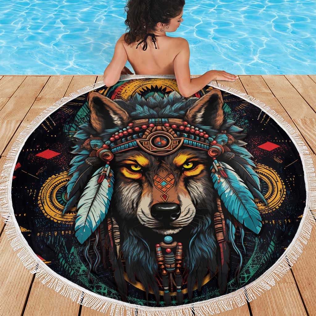Native American Wolf Beach Blanket Abstract Geometric Style